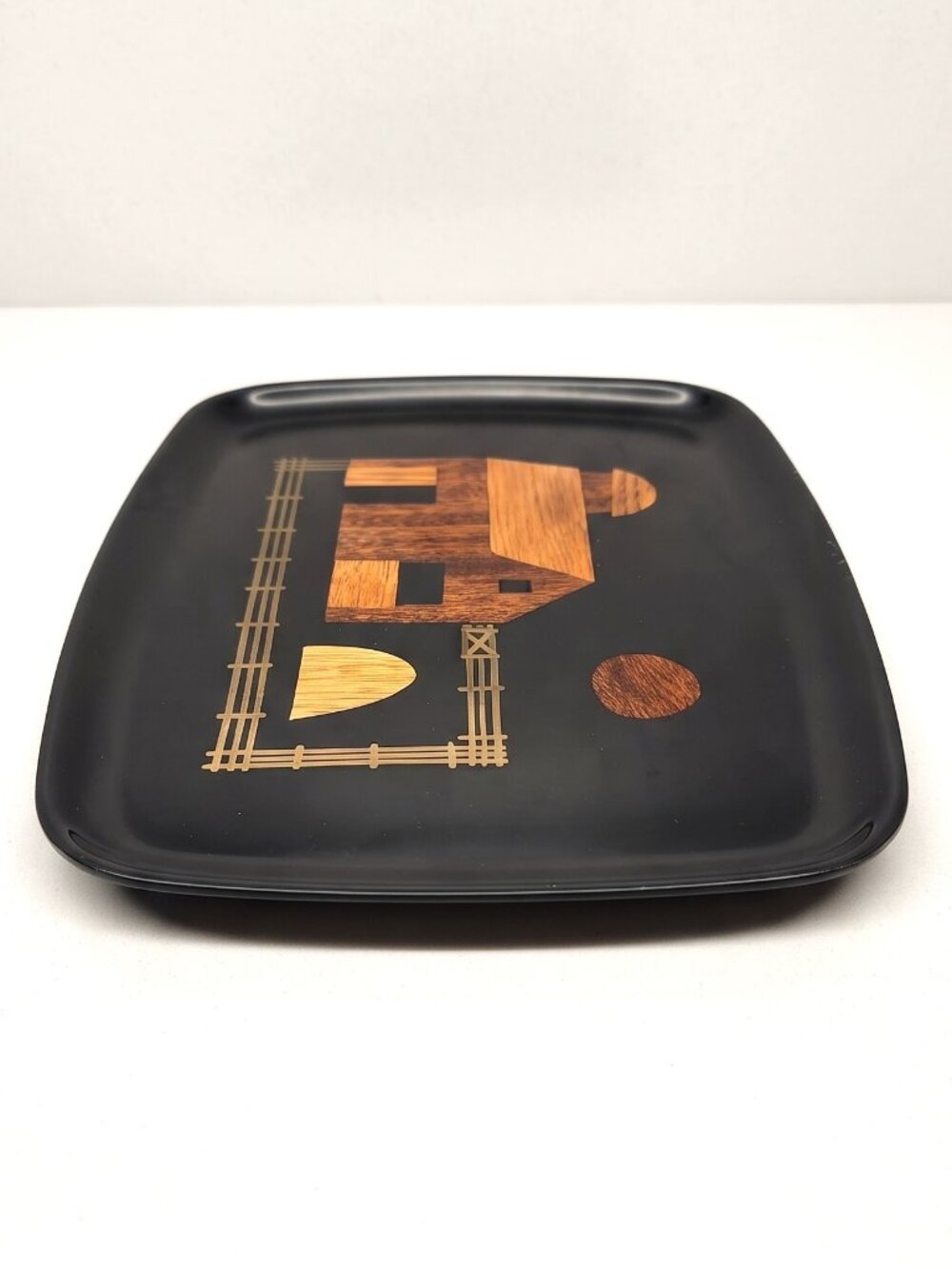 Vintage Couroc of Monterey Black Tray Wood Inlay Abstract House MCM 12.75 Inches